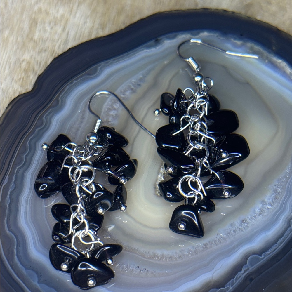 Obsidian Stone, Silver Cluster Dangling Style Earrings